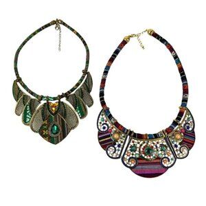 Tribal Beaded Threaded Rhinestone Necklaces Set of 2 Unique Eclectic Statement